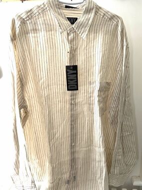 NWT Vintage DKNY 100 Linen white & Black Pinstripe Shirt Button-Down